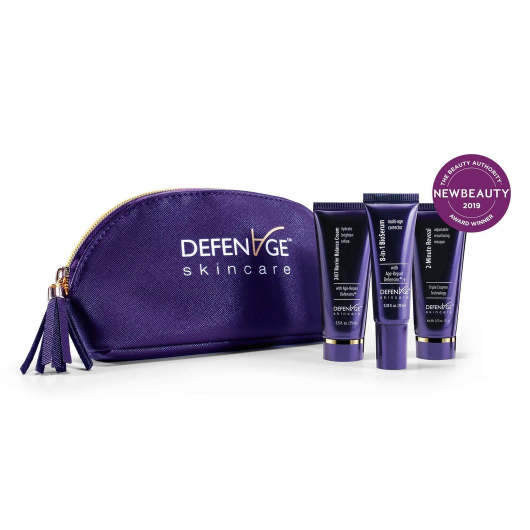 Travel sizes in DefenAge's cosmetic bag 2-Minute Reveal Masque | Net Wt. 0.75 oz. 24/7  Barrier Balance Cream | 0.5 fl. oz.  8-in-1 BioSerum | .33 fl. oz.
